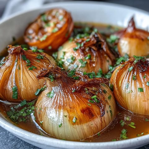 Golden onions simmered in a buttery spiced broth, served whole for an immersive ASMR eating experience.  