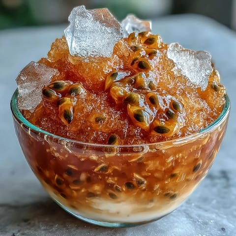 A vibrant passionfruit granita with crystalline layers, tangy and refreshing, perfect for a light summer dessert.
