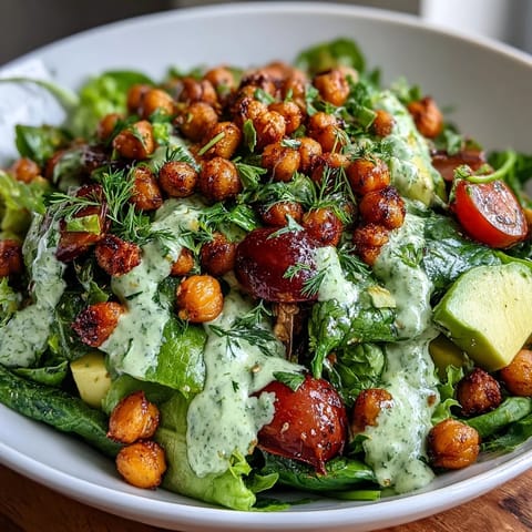 Vibrant Pistachio Green Goddess Salad with crispy chickpeas and creamy avocado in herb dressing.  