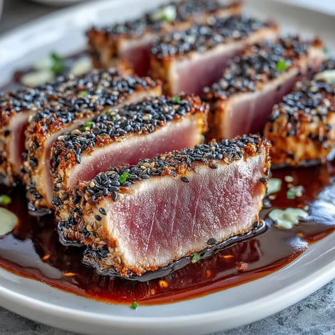 Black sesame seed crusted tuna with wasabi mayo served rare on a white plate with lemon wedges and pickled ginger.  