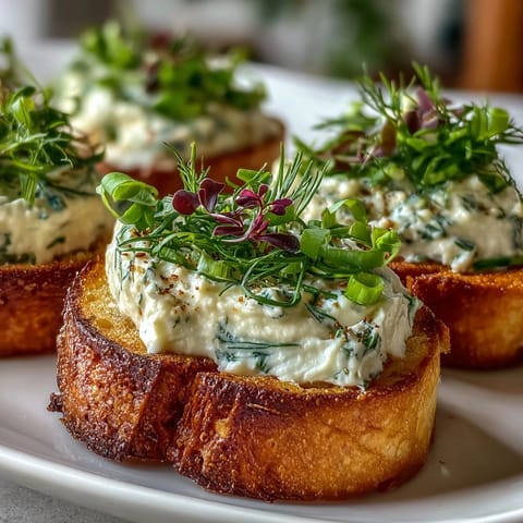 Creamy herb cheese spread on golden crostini, garnished with fresh chives and edible flowers for an elegant appetizer.  