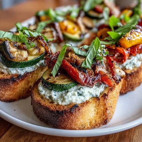 Golden crostini topped with roasted zucchini, bell peppers, and cherry tomatoes, drizzled with balsamic glaze and sprinkled with fresh basil.  