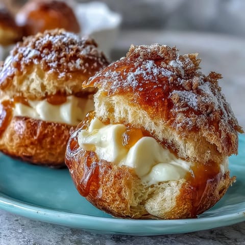 Fluffy choux pastry puffs filled with vibrant mango pastry cream and dusted with powdered sugar.