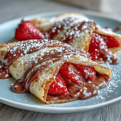 Elegant strawberry crêpes with Nutella filling, ideal for a Galentine's brunch celebration with friends.