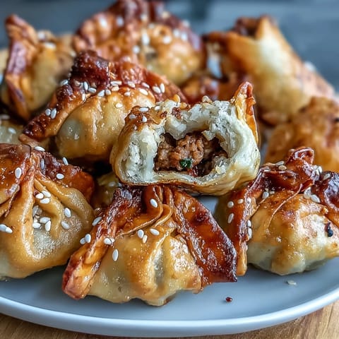 Crispy air-fried pork dumplings with chili oil, golden and savory, perfect for a quick appetizer or snack.  