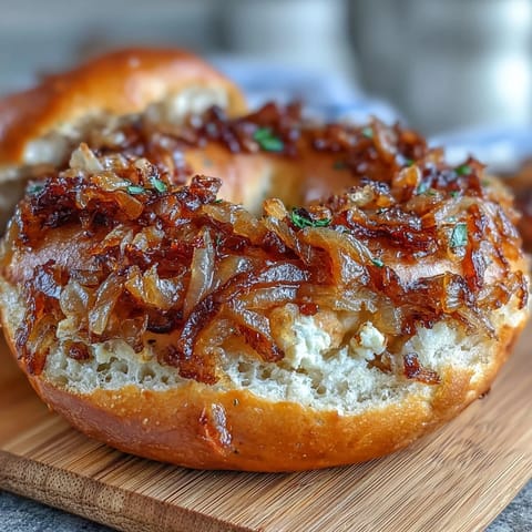 Golden sourdough onion bagels topped with sweet caramelized onions, perfect for breakfast or a hearty sandwich.  