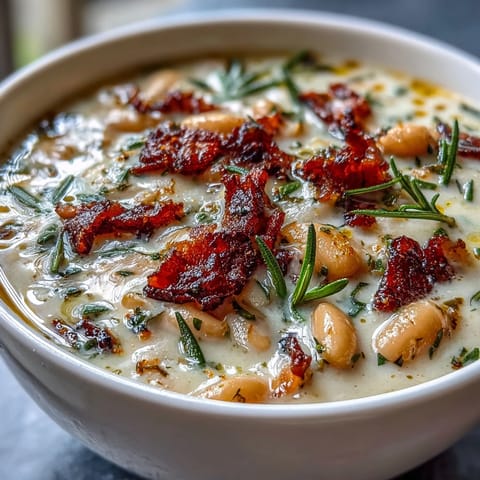 Creamy white bean soup with bacon and rosemary, garnished with crispy bacon bits and fresh parsley.  