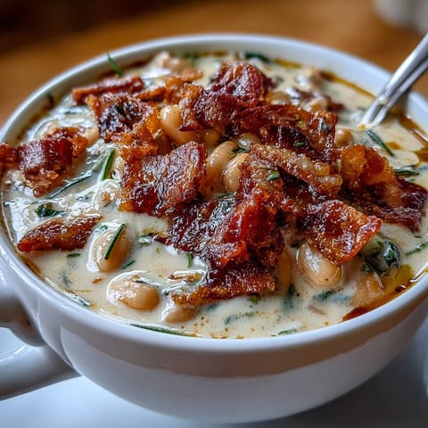 Velvety white bean soup infused with smoky bacon and fragrant rosemary, served hot in a rustic bowl.  