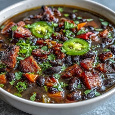 Hearty black bean and ham soup with diced vegetables and jalapeños, perfect for warming up on a cold day.  