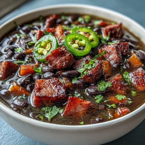 A steaming bowl of black bean and ham soup with jalapeños, garnished with fresh cilantro and served with lime wedges.  
