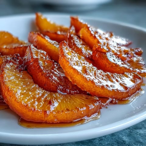 Sweet, tender orange slices glazed to perfection in a rich syrup — a vibrant garnish for cakes, tarts, and ice cream.  