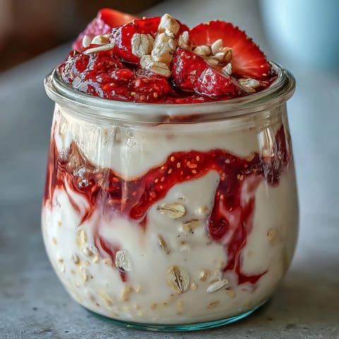 Layered overnight oats with a rich swirl of homemade strawberry chia jam, offering a sweet and satisfying morning treat.  