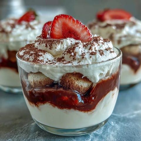 Elegant strawberry tiramisu cups with layers of mascarpone cream, coffee-soaked ladyfingers, and fresh berries.