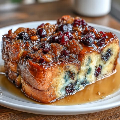 Decadent blueberry sourdough French toast bake, baked until custardy and topped with cinnamon sugar crunch.  