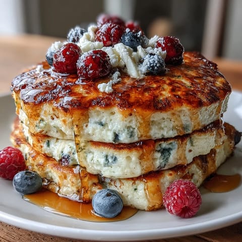 Fluffy cottage cheese and berry protein pancakes stacked high with fresh fruit and syrup.