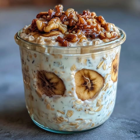 Creamy overnight oats with mashed banana, cinnamon, and crunchy walnuts, inspired by classic banana bread flavor.  