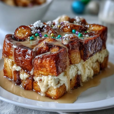 Golden-baked King Cake French Toast Casserole featuring layers of rich custard-soaked bread, drizzled with sweet vanilla icing and colorful sanding sugars.  