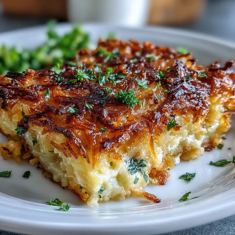 Cozy Funeral Potatoes Casserole with Hashbrown Topping served in a golden-baked dish, creamy and bubbling with melted cheese and crispy hashbrown crust.