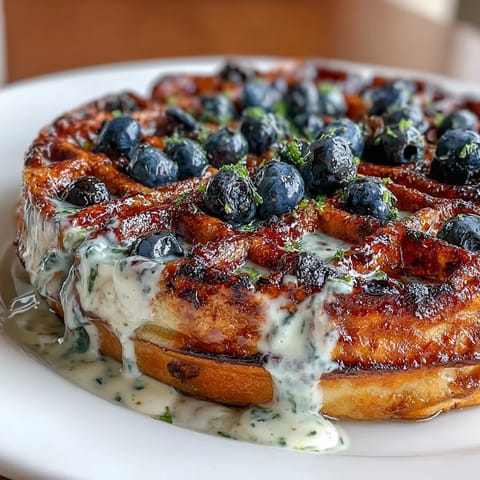 Golden sourdough waffles studded with juicy blueberries and zesty lemon, served with a swirl of maple yogurt for a bright brunch delight.