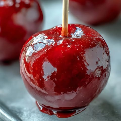Shiny red candy-coated apples on a baking sheet, offering a sweet crunch and vibrant color for parties.