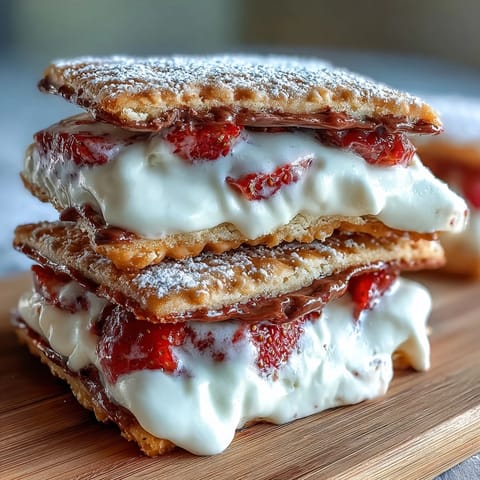 Soft strawberry shortcake cookies with fresh berries and vanilla cream filling, stacked on a rustic wooden board.