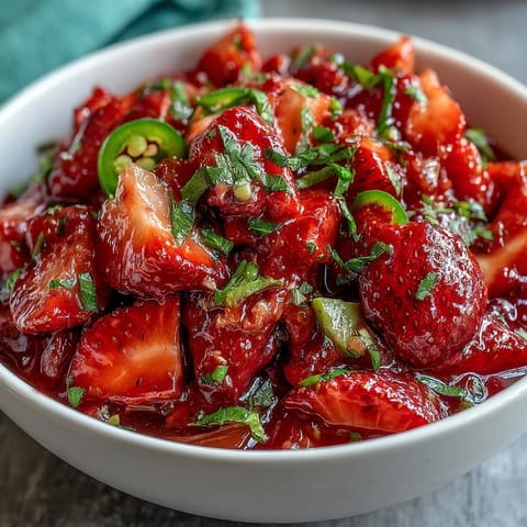 Fresh strawberry salsa with lime and jalapeño served in a white bowl, garnished with cilantro sprigs.  