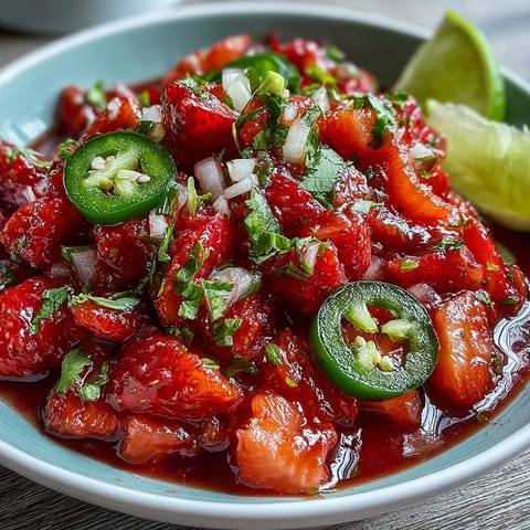 Vibrant strawberry salsa with diced jalapeño, red onion, and fresh cilantro, perfect for tacos or chips.  