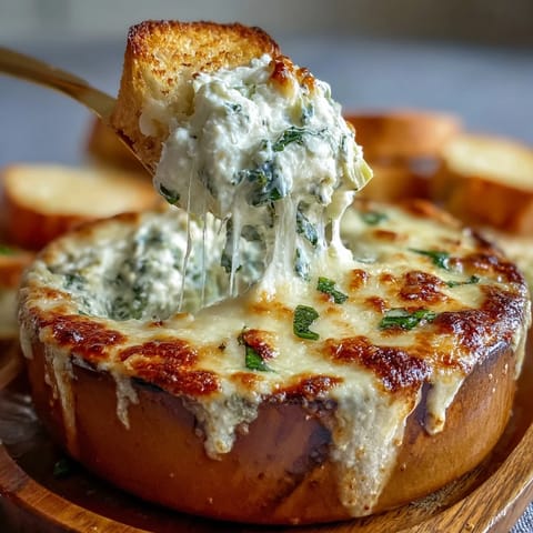 Festive St. Patricks Day spinach artichoke dip baked in a golden sourdough bread bowl with melted cheese.  