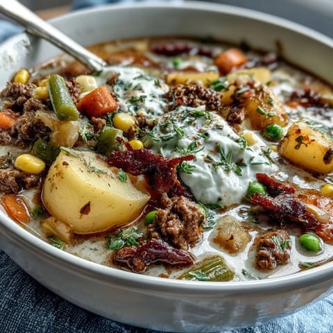 Hearty Shepherds Pie Soup with ground beef, veggies, and potatoes in a savory broth, served in a rustic bowl.