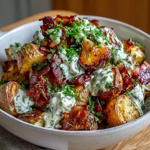 BBQ Baby Shower Loaded Baked Potato Salad with smoky bacon and cheddar cheese, garnished with fresh chives and scallions in a creamy BBQ dressing.