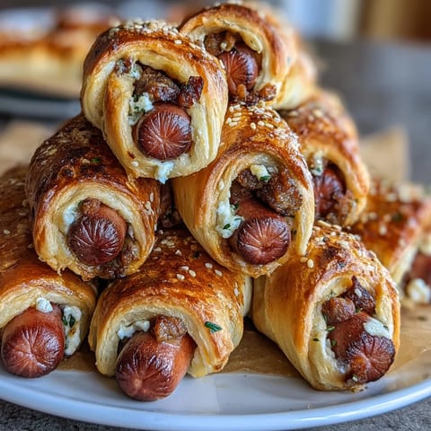 Mini Baseball Hot Dogs in Crescent Roll Dough: golden, bite-sized hot dogs wrapped in flaky crescent dough, perfect for game day snacks.
