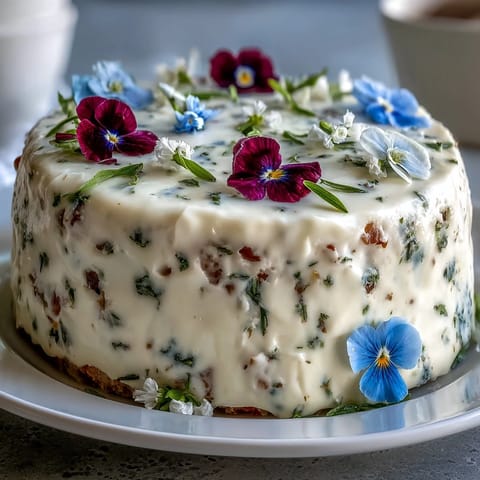 Spring Cake with Pressed Edible Flowers, a delicate vanilla cake adorned with soft pastel blooms.