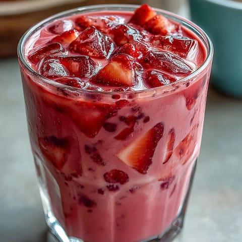 Vibrant pink strawberry açaí coconut drink garnished with fresh strawberry slices, served over ice in a clear glass.