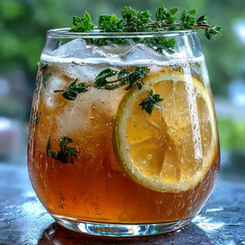 A sparkling lavender lemonade spritz with fresh lemon slices and lavender sprigs in elegant glasses.