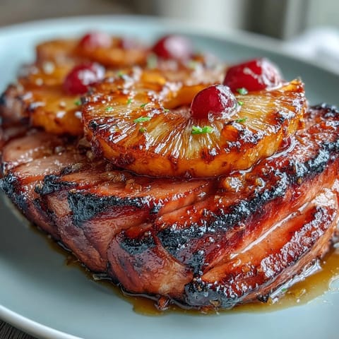 Honey Glazed Ham with Pineapple rings glistens under a golden honey-brown crust, perfect for a holiday feast.