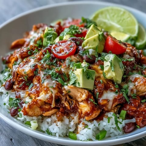 Vibrant salsa chicken bowls with tender shredded chicken, rice, black beans, and colorful fresh toppings.  