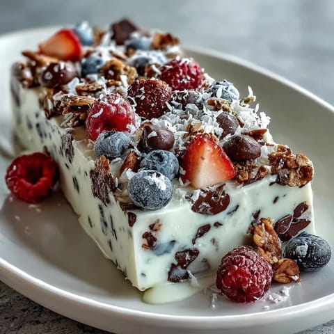 Frozen yogurt bark with berries and granola, a colorful frozen treat perfect for summer snacking.