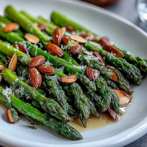 Bright green asparagus spears tossed in lemon butter and topped with crunchy toasted almonds.