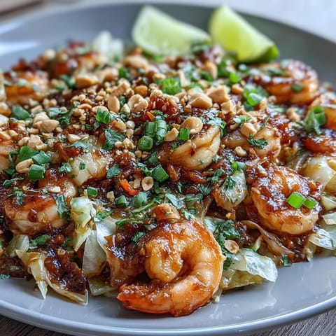 Vibrant cabbage Pad Thai with crunchy shredded cabbage, colorful veggies, and savory-sweet sauce topped with peanuts and fresh lime.  