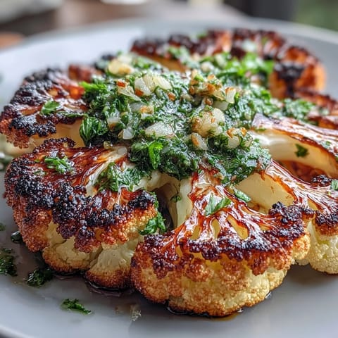 Smoky grilled cauliflower steaks served with fresh chimichurri, a flavorful plant-based centerpiece perfect for summer grilling.  