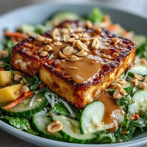 A colorful Thai mango salad with crispy tofu, fresh herbs, and rich peanut sauce, perfect for a vibrant vegan meal.