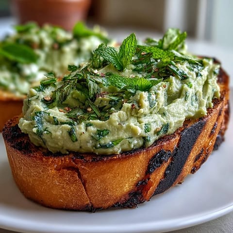 Vibrant green fava bean and mint topping with lemon zest over crispy grilled sourdough slices.  