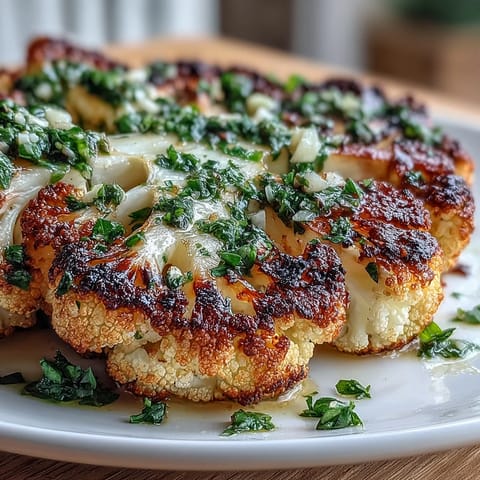 Grilled BBQ cauliflower steaks topped with vibrant chimichurri sauce, a smoky and herbaceous vegan main dish.  