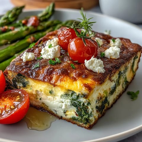 A golden sheet pan frittata loaded with fresh asparagus, bell peppers, and spinach, perfect for Easter brunch.