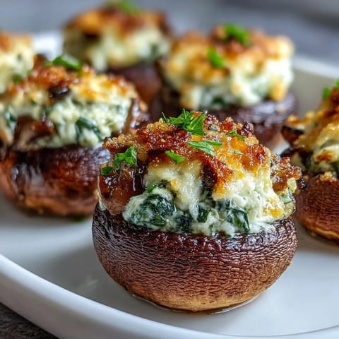 Rich and tender stuffed mushrooms bursting with garlicky spinach and ricotta, topped with crispy breadcrumbs for extra texture and flavor.  