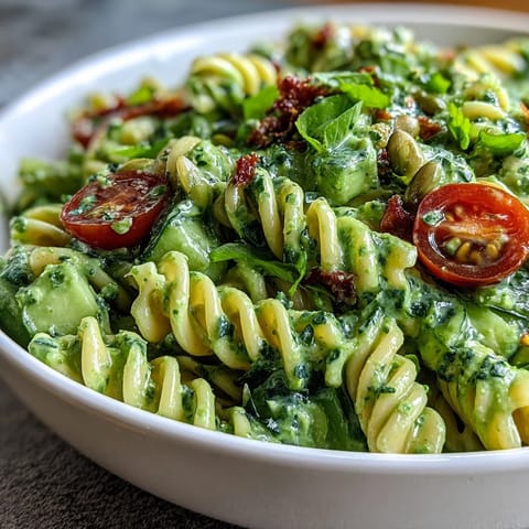 Creamy Green Goddess Pasta Salad bursting with fresh vegetables and vibrant herbs.