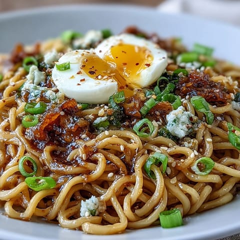 A steaming bowl of viral garlic butter ramen, rich with glossy sauce and topped with soft-boiled eggs and green onions.