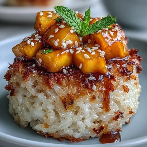 Sweet Coconut Mango Sticky Rice Cups topped with fresh, vibrant diced mango chunks.