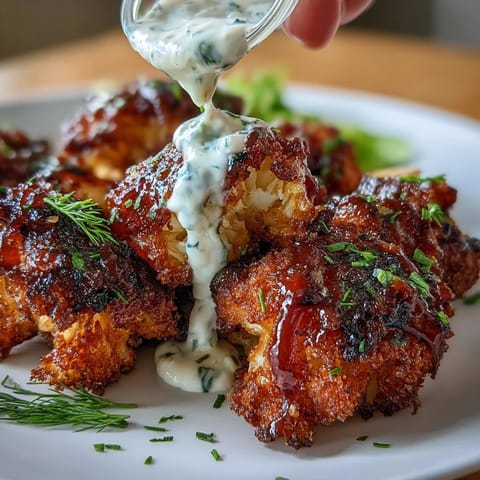 Crispy vegan BBQ cauliflower wings are glazed and ready for dipping.
