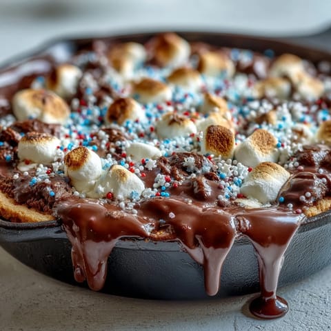 Festive 3-ingredient S'mores Dip in cast iron, golden marshmallows over melted chocolate.